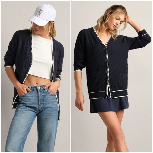 Rhone women's Birdie Oversized Cardigan sweater size S small navy blue white - Picture 2 of 11